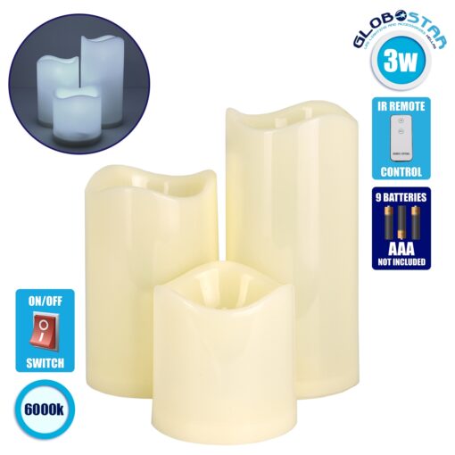 GloboStar® 79551 ΣΕΤ 3 Διακοσμητικών Realistic Κεριών με LED Εφέ Κινούμενης Φλόγας – Μπαταρίας & Ασύρματο Χειριστήριο IR Ψυχρό Λευκό 6000K Dimmable