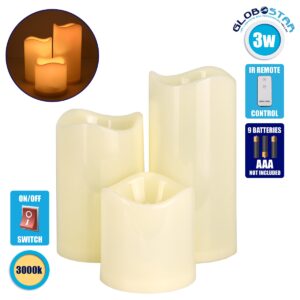 GloboStar® 79552 ΣΕΤ 3 Διακοσμητικών Realistic Κεριών με LED Εφέ Κινούμενης Φλόγας – Μπαταρίας & Ασύρματο Χειριστήριο IR Θερμό Λευκό 3000K Dimmable