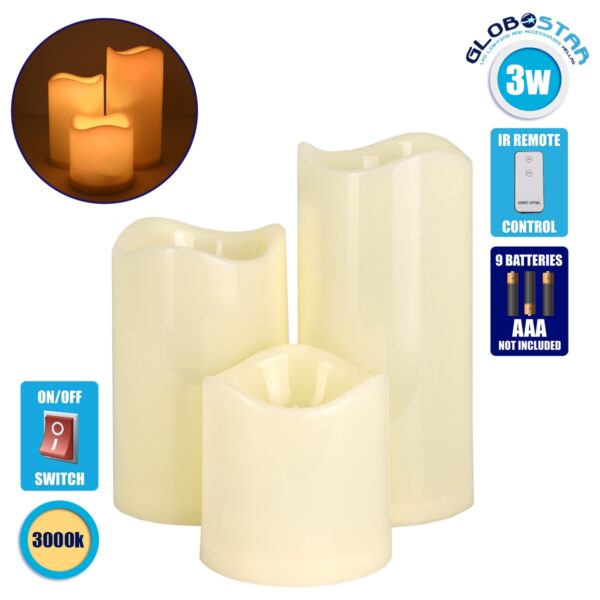 GloboStar® 79552 ΣΕΤ 3 Διακοσμητικών Realistic Κεριών με LED Εφέ Κινούμενης Φλόγας – Μπαταρίας & Ασύρματο Χειριστήριο IR Θερμό Λευκό 3000K Dimmable