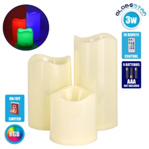 GloboStar® 79553 ΣΕΤ 3 Διακοσμητικών Realistic Κεριών με LED Εφέ Κινούμενης Φλόγας – Μπαταρίας & Ασύρματο Χειριστήριο IR Πολύχρωμα RGB Dimmable