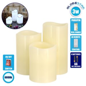 GloboStar® 79554 ΣΕΤ 3 Διακοσμητικών Realistic Κεριών Παραφίνης με LED Εφέ Κινούμενης Φλόγας – Μπαταρίας & Ασύρματο Χειριστήριο IR Ψυχρό Λευκό 6000K Dimmable