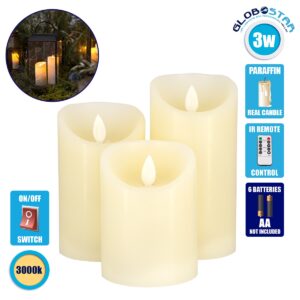 GloboStar® 79555 ΣΕΤ 3 Διακοσμητικών Realistic Κεριών Παραφίνης με LED Εφέ Κινούμενης Φλόγας – Μπαταρίας & Ασύρματο Χειριστήριο IR Θερμό Λευκό 3000K Dimmable