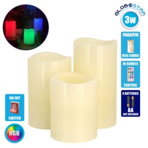 GloboStar® 79556 ΣΕΤ 3 Διακοσμητικών Realistic Κεριών Παραφίνης με LED Εφέ Κινούμενης Φλόγας – Μπαταρίας & Ασύρματο Χειριστήριο IR Πολύχρωμα RGB Dimmable