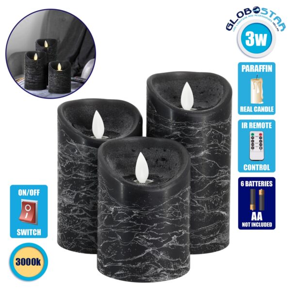 GloboStar® 79557 ΣΕΤ 3 Διακοσμητικών Realistic Κεριών Παραφίνης με LED Εφέ Κινούμενης Φλόγας – Μπαταρίας & Ασύρματο Χειριστήριο IR Μαύρα με Ασημένιες Ρίγες Θερμό Λευκό 3000K Dimmable