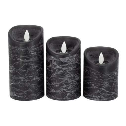 GloboStar® 79557 ΣΕΤ 3 Διακοσμητικών Realistic Κεριών Παραφίνης με LED Εφέ Κινούμενης Φλόγας – Μπαταρίας & Ασύρματο Χειριστήριο IR Μαύρα με Ασημένιες Ρίγες Θερμό Λευκό 3000K Dimmable