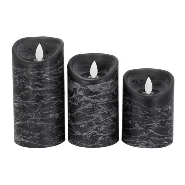 GloboStar® 79557 ΣΕΤ 3 Διακοσμητικών Realistic Κεριών Παραφίνης με LED Εφέ Κινούμενης Φλόγας – Μπαταρίας & Ασύρματο Χειριστήριο IR Μαύρα με Ασημένιες Ρίγες Θερμό Λευκό 3000K Dimmable