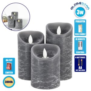 GloboStar® 79559 ΣΕΤ 3 Διακοσμητικών Realistic Κεριών Παραφίνης με LED Εφέ Κινούμενης Φλόγας – Μπαταρίας & Ασύρματο Χειριστήριο IR Γκρι με Ασημένιες Ρίγες Θερμό Λευκό 3000K Dimmable