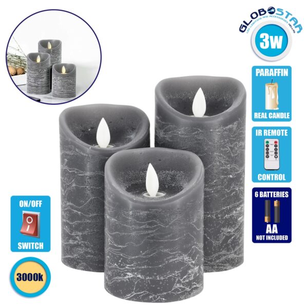 GloboStar® 79559 ΣΕΤ 3 Διακοσμητικών Realistic Κεριών Παραφίνης με LED Εφέ Κινούμενης Φλόγας – Μπαταρίας & Ασύρματο Χειριστήριο IR Γκρι με Ασημένιες Ρίγες Θερμό Λευκό 3000K Dimmable