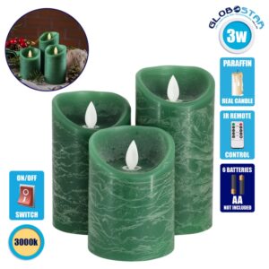 GloboStar® 79560 ΣΕΤ 3 Διακοσμητικών Realistic Κεριών Παραφίνης με LED Εφέ Κινούμενης Φλόγας – Μπαταρίας & Ασύρματο Χειριστήριο IR Πράσινα με Ασημένιες Ρίγες Θερμό Λευκό 3000K Dimmable