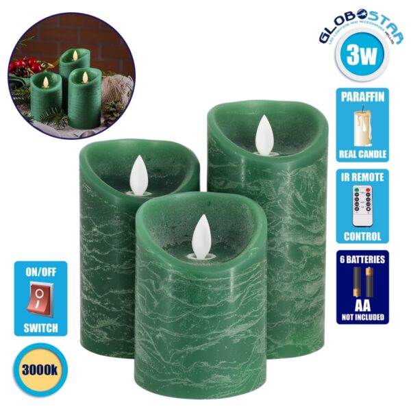 GloboStar® 79560 ΣΕΤ 3 Διακοσμητικών Realistic Κεριών Παραφίνης με LED Εφέ Κινούμενης Φλόγας – Μπαταρίας & Ασύρματο Χειριστήριο IR Πράσινα με Ασημένιες Ρίγες Θερμό Λευκό 3000K Dimmable