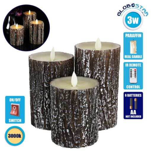 GloboStar® 79562 ΣΕΤ 3 Διακοσμητικών Realistic Κεριών Παραφίνης με LED Εφέ Κινούμενης Φλόγας – Μπαταρίας & Ασύρματο Χειριστήριο IR Καφέ Σχέδιο Κορμός Δέντρου Θερμό Λευκό 3000K Dimmable