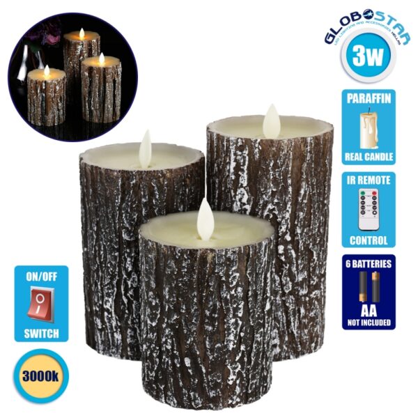 GloboStar® 79562 ΣΕΤ 3 Διακοσμητικών Realistic Κεριών Παραφίνης με LED Εφέ Κινούμενης Φλόγας – Μπαταρίας & Ασύρματο Χειριστήριο IR Καφέ Σχέδιο Κορμός Δέντρου Θερμό Λευκό 3000K Dimmable