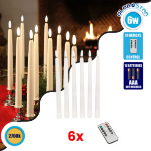 GloboStar® 79563 ΣΕΤ 6 Διακοσμητικών Realistic Κεριών Κηροπηγίου με LED Εφέ Κινούμενης Φλόγας – Μπαταρίας & Ασύρματο Χειριστήριο IR Θερμό Λευκό 2700K Dimmable