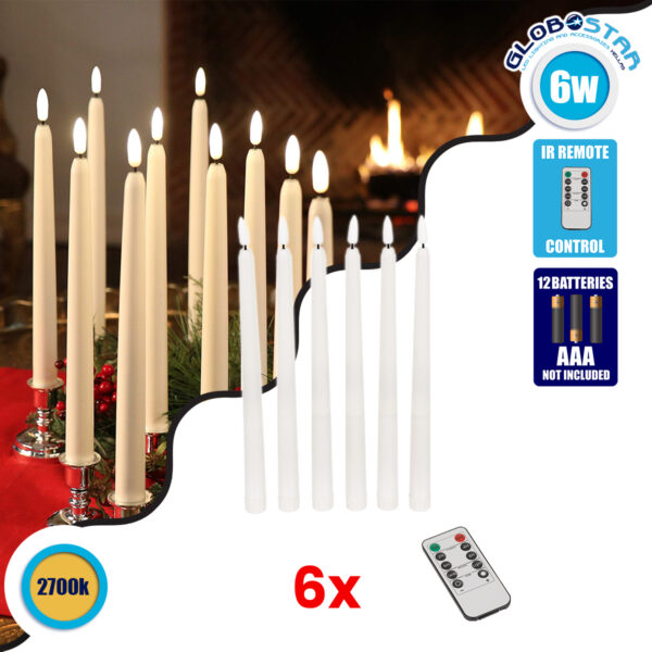 GloboStar® 79563 ΣΕΤ 6 Διακοσμητικών Realistic Κεριών Κηροπηγίου με LED Εφέ Κινούμενης Φλόγας – Μπαταρίας & Ασύρματο Χειριστήριο IR Θερμό Λευκό 2700K Dimmable