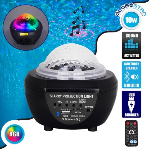 GloboStar® 79603 Μαύρο Επιτραπέζιο Διακοσμητικό Φωτιστικό Ειδικών Εφε NIGHT SKY GALAXY 3D LED 10W DC 5V 2200mAh Επαναφορτιζόμενο με Bluetooth Speaker – Sound Activated – Καλώδιο Τροφοδοσίας USB και Ασύρματο Χειριστήριο RF 2.4Ghz Πολύχρωμo RGB Dimmable