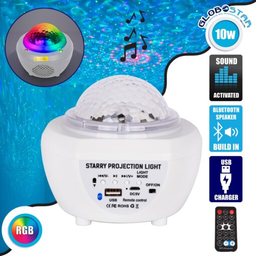 GloboStar® 79604 Λευκό Επιτραπέζιο Διακοσμητικό Φωτιστικό Ειδικών Εφε NIGHT SKY GALAXY 3D LED 10W DC 5V 2200mAh Επαναφορτιζόμενο με Bluetooth Speaker – Sound Activated – Καλώδιο Τροφοδοσίας USB και Ασύρματο Χειριστήριο RF 2.4Ghz Πολύχρωμo RGB Dimmable