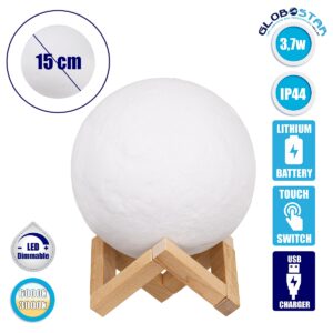 GloboStar® 79605 Επιτραπέζιο Ανάγλυφο Διακοσμητικό Φωτιστικό Φ15cm 3D MOON LIGHT LED 3.7W DC 5V με Ενσωματωμένη Μπαταρία 500mAh Li-ion Επαναφορτιζόμενο – Καλώδιο Τροφοδοσίας USB και Διακόπτη Αφής CCT Θερμό Λευκό 3000K – Ψυχρό Λευκό 6000K Dimmable