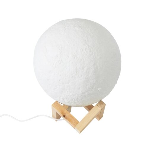 GloboStar® MOON 79607-S Επιτραπέζιο Φωτιστικό LED 3W 150lm 360° DC 5V IP20 RGB Dimmable Λευκό Πλαστικό με Μπεζ Ξύλο – Λειτουργία μόνο σε ρεύμα, χωρίς μπαταρίες – Μ20 x Π20 x Υ23cm – 2 Χρόνια Εγγύηση