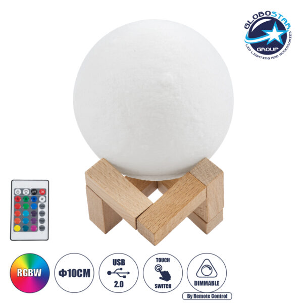GloboStar® MOON 79618 Μοντέρνο Επιτραπέζιο Φωτιστικό Πορτατίφ LED 2W 120lm 360° DC 5V – Εναλλαγή Φωτισμού μέσω Τηλεχειριστηρίου & Αφής – Dimmable – RGBW – Φ10 x Υ13.5 – Λευκό