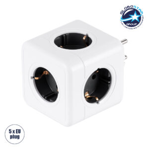 GloboStar® TRAVEL PowerCube PRO Certified 79627 Πολύπριζο 5 Θέσεων με 5 Πρίζες Ασφαλείας Childproof EU Schuko AC 220-240V Μ7.5 x Π11.5 x Υ7.5 – Λευκό με Γκρι – Max Load 3680W/16A