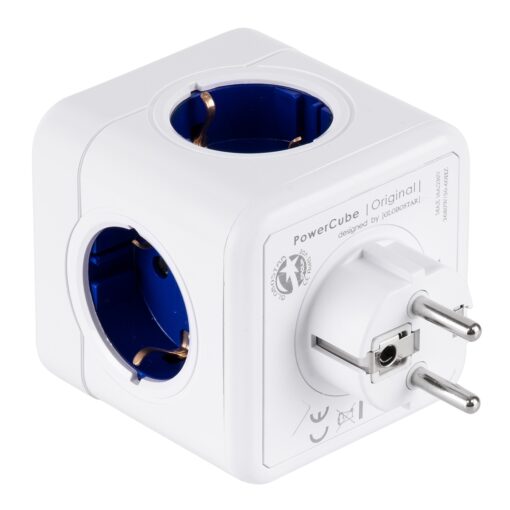 GloboStar® TRAVEL PowerCube PRO Certified 79629 Πολύπριζο 5 Θέσεων με 5 Πρίζες Ασφαλείας Childproof EU Schuko AC 220-240V Μ7.5 x Π11.5 x Υ7.5 – Λευκό με Μπλε – Max Load 3680W/16A