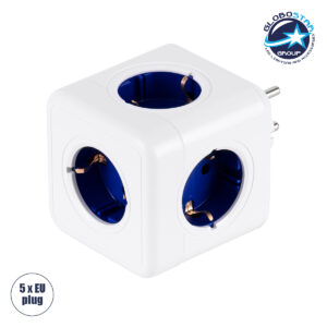 GloboStar® TRAVEL PowerCube PRO Certified 79629 Πολύπριζο 5 Θέσεων με 5 Πρίζες Ασφαλείας Childproof EU Schuko AC 220-240V Μ7.5 x Π11.5 x Υ7.5 – Λευκό με Μπλε – Max Load 3680W/16A