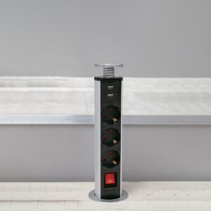 GloboStar® 79630 Χωνευτό Πτυσσόμενο Πολύμπριζο με 3 Πρίζες Ασφαλείας EU Σούκο AC 230V Max 3000W & 2 Εξόδους USB DC 5V Max 3A 18W & Ενσωματωμένο Διακόπτη Οn/Off