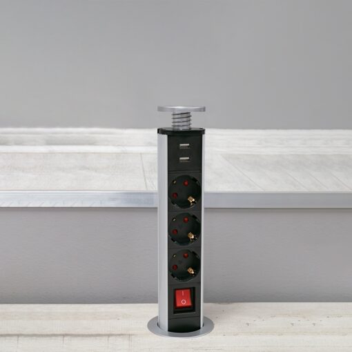 GloboStar® 79630 Χωνευτό Πτυσσόμενο Πολύμπριζο με 3 Πρίζες Ασφαλείας EU Σούκο AC 230V Max 3000W & 2 Εξόδους USB DC 5V Max 3A 18W & Ενσωματωμένο Διακόπτη Οn/Off