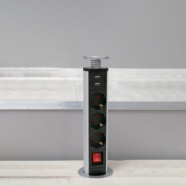 GloboStar® 79630 Χωνευτό Πτυσσόμενο Πολύμπριζο με 3 Πρίζες Ασφαλείας EU Σούκο AC 230V Max 3000W & 2 Εξόδους USB DC 5V Max 3A 18W & Ενσωματωμένο Διακόπτη Οn/Off