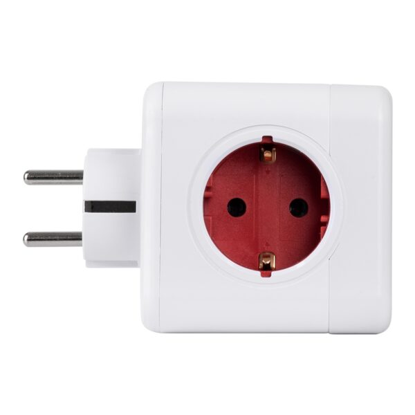 GloboStar® TRAVEL PowerCube PRO Certified 79634 Πολύπριζο 6 Θέσεων με 4 Πρίζες Ασφαλείας Childproof EU Schuko AC 220-240V & 2 Πρίζες USB Max 2.1A/DC 5V Μ7.5 x Π11.5 x Υ7.5 – Λευκό με Κόκκινο – Max Load 3680W/16A