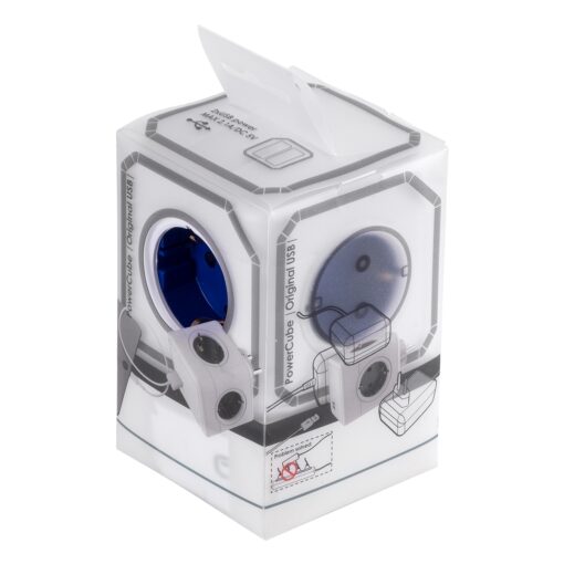 GloboStar® TRAVEL PowerCube PRO Certified 79638 Πολύπριζο 6 Θέσεων με 4 Πρίζες Ασφαλείας Childproof EU Schuko AC 220-240V & 2 Πρίζες USB Max 2.1A/DC 5V Μ7.5 x Π11.5 x Υ7.5 – Λευκό με Μπλε – Max Load 3680W/16A