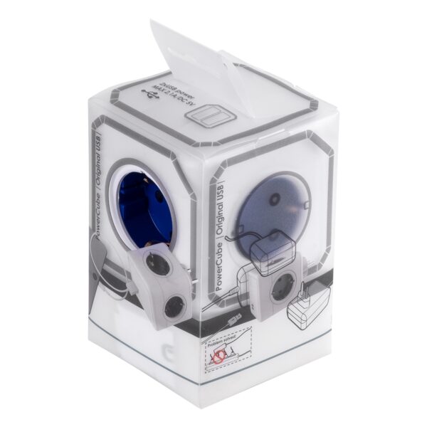GloboStar® TRAVEL PowerCube PRO Certified 79638 Πολύπριζο 6 Θέσεων με 4 Πρίζες Ασφαλείας Childproof EU Schuko AC 220-240V & 2 Πρίζες USB Max 2.1A/DC 5V Μ7.5 x Π11.5 x Υ7.5 – Λευκό με Μπλε – Max Load 3680W/16A