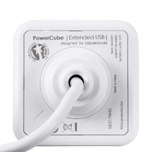 GloboStar® TRAVEL PowerCube PRO Certified 79639 Πολύπριζο 6 Θέσεων με 1.5m Kαλώδιο – 4 Πρίζες Ασφαλείας Childproof EU Schuko AC 220-240V & 2 Πρίζες USB Max 2.1A/DC 5V Μ7.5 x Π7.5 x Υ7.5 – Λευκό με Γκρι – Max Load 3680W/16A