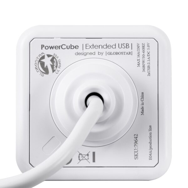 GloboStar® TRAVEL PowerCube PRO Certified 79639 Πολύπριζο 6 Θέσεων με 1.5m Kαλώδιο – 4 Πρίζες Ασφαλείας Childproof EU Schuko AC 220-240V & 2 Πρίζες USB Max 2.1A/DC 5V Μ7.5 x Π7.5 x Υ7.5 – Λευκό με Γκρι – Max Load 3680W/16A