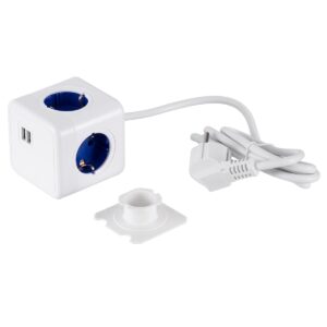 GloboStar® TRAVEL PowerCube PRO Certified 79643 Πολύπριζο 6 Θέσεων με 1.5m Kαλώδιο – 4 Πρίζες Ασφαλείας Childproof EU Schuko AC 220-240V & 2 Πρίζες USB Max 2.1A/DC 5V Μ7.5 x Π7.5 x Υ7.5 – Λευκό με Μπλε – Max Load 3680W/16A