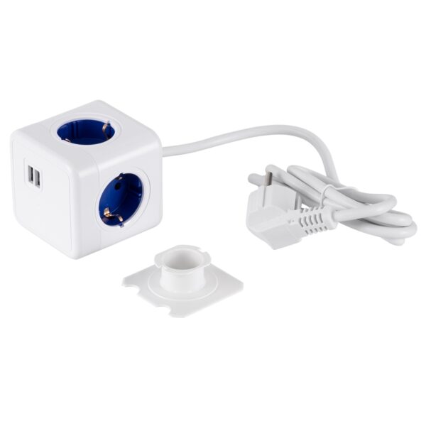 GloboStar® TRAVEL PowerCube PRO Certified 79643 Πολύπριζο 6 Θέσεων με 1.5m Kαλώδιο – 4 Πρίζες Ασφαλείας Childproof EU Schuko AC 220-240V & 2 Πρίζες USB Max 2.1A/DC 5V Μ7.5 x Π7.5 x Υ7.5 – Λευκό με Μπλε – Max Load 3680W/16A