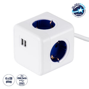 GloboStar® TRAVEL PowerCube PRO Certified 79643 Πολύπριζο 6 Θέσεων με 1.5m Kαλώδιο – 4 Πρίζες Ασφαλείας Childproof EU Schuko AC 220-240V & 2 Πρίζες USB Max 2.1A/DC 5V Μ7.5 x Π7.5 x Υ7.5 – Λευκό με Μπλε – Max Load 3680W/16A