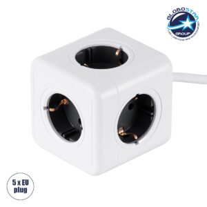 GloboStar® TRAVEL PowerCube PRO Certified 79644 Πολύπριζο 5 Θέσεων με 1.5m Kαλώδιο – 5 Πρίζες Ασφαλείας Childproof EU Schuko AC 220-240V Μ7.5 x Π7.5 x Υ7.5 – Λευκό με Γκρι – Max Load 3680W/16A