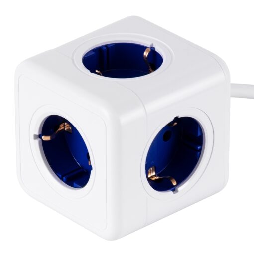 GloboStar® TRAVEL PowerCube PRO Certified 79646 Πολύπριζο 5 Θέσεων με 1.5m Kαλώδιο – 5 Πρίζες Ασφαλείας Childproof EU Schuko AC 220-240V Μ7.5 x Π11.5 x Υ7.5 – Λευκό με Μπλε – Max Load 3680W/16A