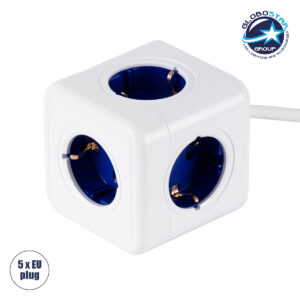 GloboStar® TRAVEL PowerCube PRO Certified 79646 Πολύπριζο 5 Θέσεων με 1.5m Kαλώδιο – 5 Πρίζες Ασφαλείας Childproof EU Schuko AC 220-240V Μ7.5 x Π11.5 x Υ7.5 – Λευκό με Μπλε – Max Load 3680W/16A