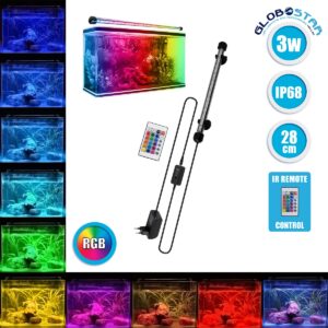 GloboStar® 79671 Φωτιστικό Ενυδρείου 28cm LED 3W 180° AC 230V Αδιάβροχο IP68 με Ασύρματο Χειριστήριο IR Πολύχρωμο RGB