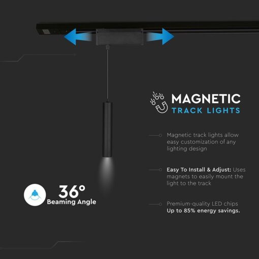 LED Μαγνητικό Κρεμαστό Φωτιστικό Ράγας 15W V-TAC Μαύρο CRI 90 24V 36° Φυσικό 4000K – 7969
