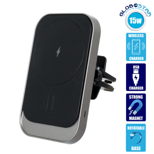 GloboStar® 79695 Μαγνητική Βάση Κινητού Αυτοκινήτου Max 15W USB σε USB Type-C με Κλιπ στον Αεραγωγό – Ασύρματη Φόρτιση MagSafe QuickCharge 3.0