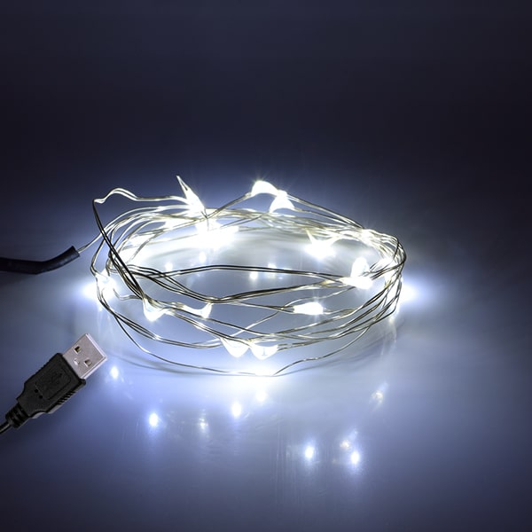 GloboStar® 79730 Διακοσμητική Γιρλάντα 2 Μέτρων 20 LED USB 5 Volt 1.2 Watt με Ασημένιο Συρμάτινο Καλώδιο Ψυχρό Λευκό 6000k