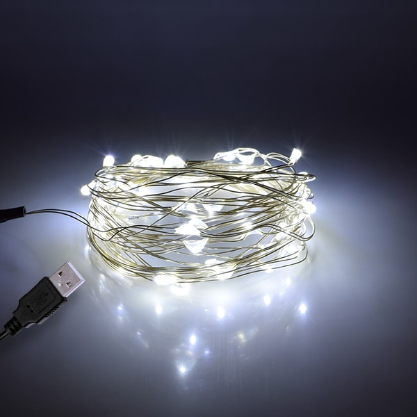 GloboStar® 79731 Διακοσμητική Γιρλάντα 5 Μέτρων 50 LED USB 5 Volt 3 Watt με Ασημένιο Συρμάτινο Καλώδιο Ψυχρό Λευκό 6000k