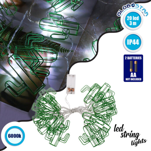 GloboStar® 79801 Διακοσμητική Γιρλάντα Green Cactus 3 Μέτρα με Διακόπτη On/Off – 20 LED 6W με Μπαταρίες 2xAA & Διάφανο Καλώδιο Αδιάβροχη IP44 Ψυχρό Λευκό 6000K Μ3m