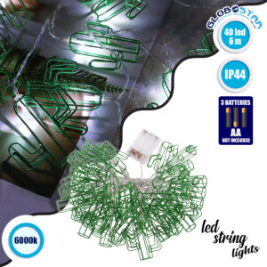 GloboStar® 79802 Διακοσμητική Γιρλάντα Green Cactus 6 Μέτρα με Διακόπτη On/Off – 40 LED 12W με Μπαταρίες 3xAA & Διάφανο Καλώδιο Αδιάβροχη IP44 Ψυχρό Λευκό 6000K Μ6m