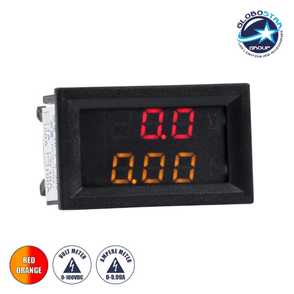 GloboStar® 79988 Όργανο Μέτρησης Τάσης Βολτόμετρο – Αμπερόμετρο με Οθόνη LED Display DC 0 έως 100V – Ampere 0 έως 9.99A Κόκκινο Πορτοκαλί Μ5 x Π1.5 x Υ3cm