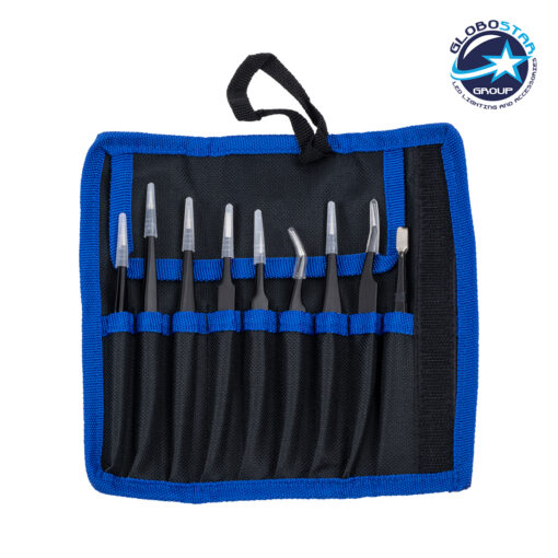 GloboStar® 79997 Επαγγελματικό Mini Σετ Λαβίδων – Τσιμπίδων – Tweezers 9 Τεμαχίων σε 1 DIY Tool Kit Υψηλής Αντοχής Stainless Steel Μαύρο Μ19 x Π2.5 x Υ19cm