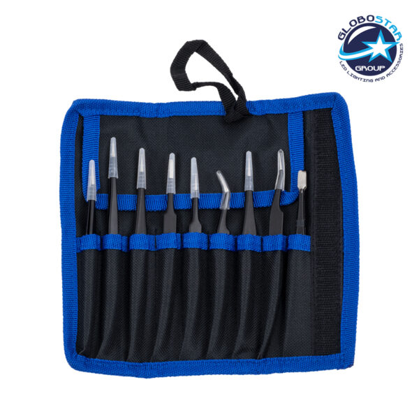 GloboStar® 79997 Επαγγελματικό Mini Σετ Λαβίδων – Τσιμπίδων – Tweezers 9 Τεμαχίων σε 1 DIY Tool Kit Υψηλής Αντοχής Stainless Steel Μαύρο Μ19 x Π2.5 x Υ19cm